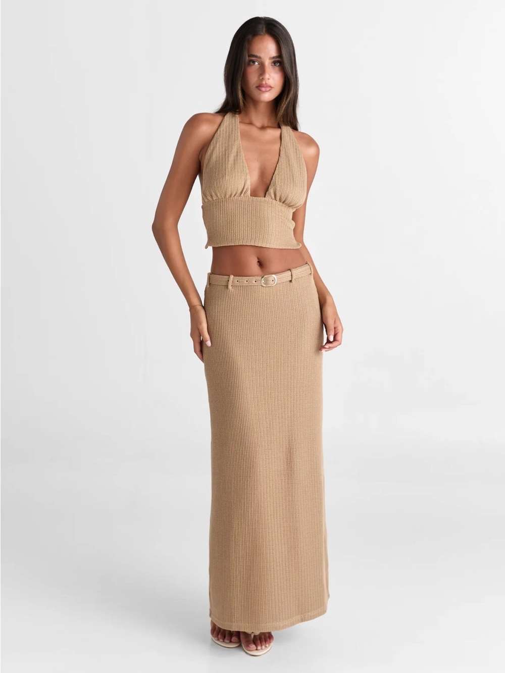 Ribbed Maxi Skirt and top in Camel with Matching Belt